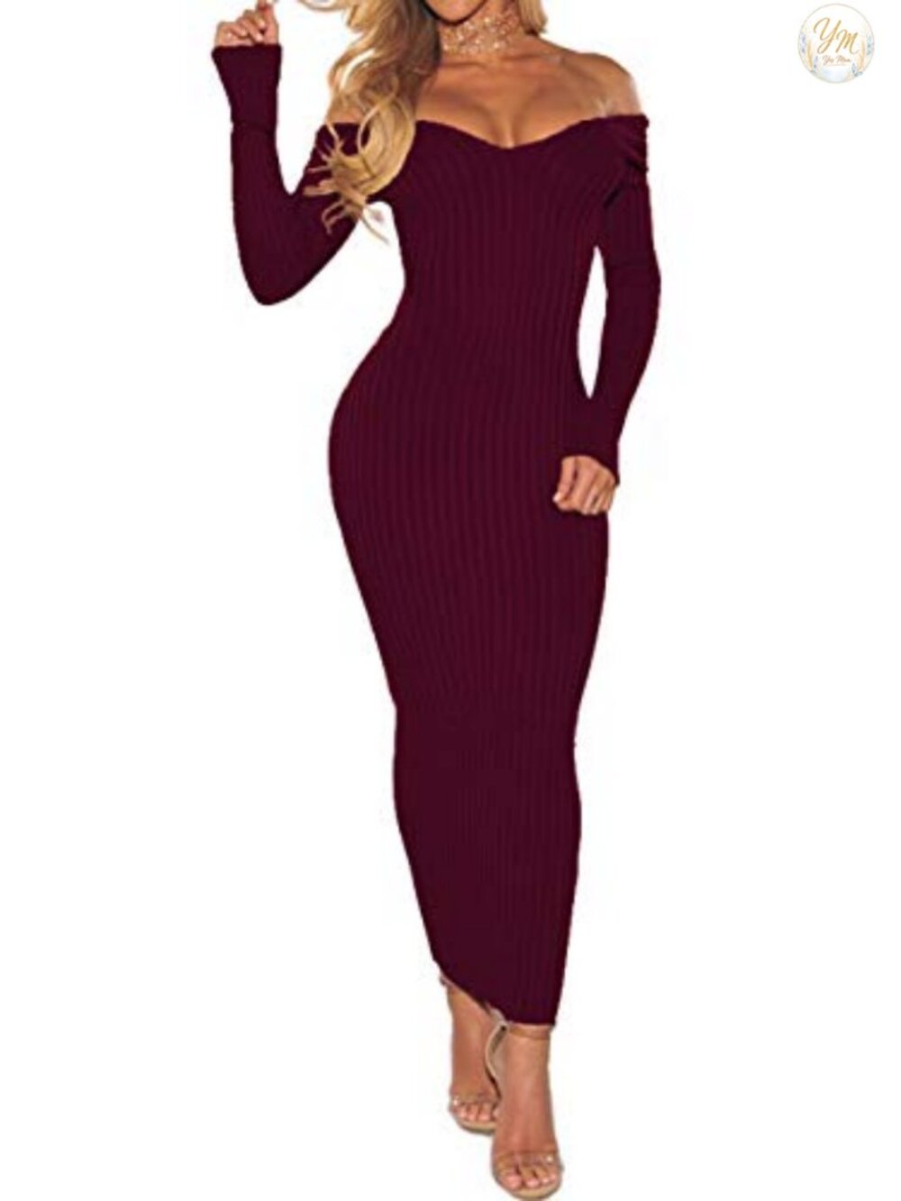 SheKiss Women's V-Neck Long Sleeve Bodycon Sweater Dress Off Shoulder Knit